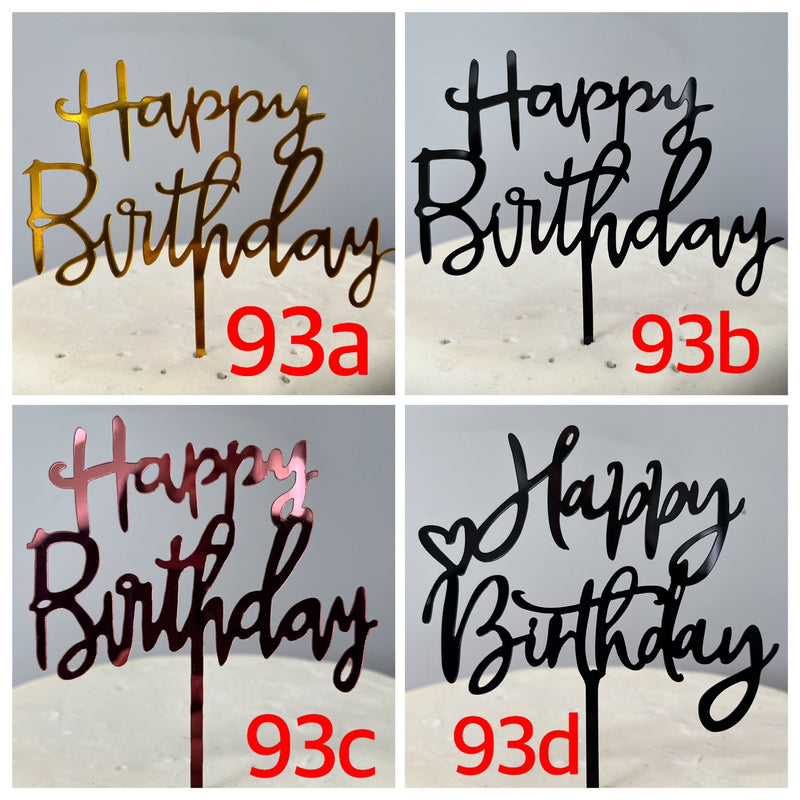 Acrylic Happy Birthday Cake Topper Signs, Various Designs and Colours