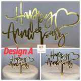 Acrylic Happy Anniversary Cake Topper Sign - Various Designs in Gold Oh So Crafty