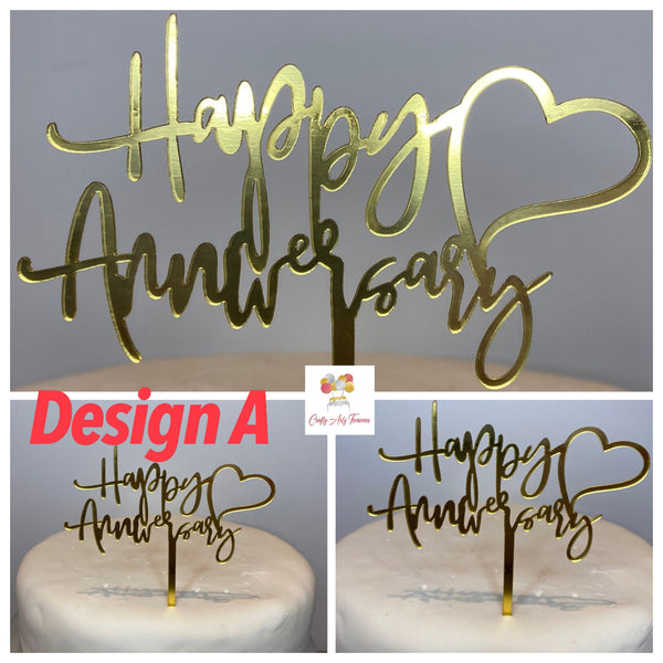 Acrylic Happy Anniversary Cake Topper Sign - Various Designs in Gold Oh So Crafty