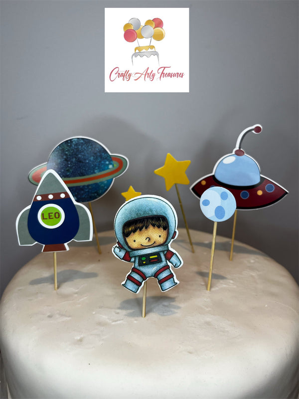 Astronaut and Spaceship in Space Cake Theme Topper Skewer Set - 7 Piece Set Oh So Crafty