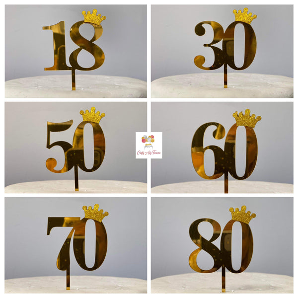 Gold Number Acrylic Age Birthday Cake Topper - Ages 18, 30, 50, 60, 70, and 80 Oh So Crafty