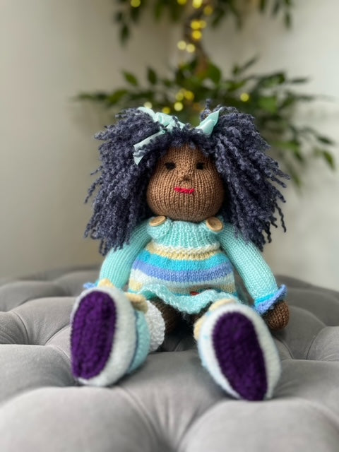 Hand Made Knitted Black Girl Doll with Purple Hair with Bow Oh So Crafty