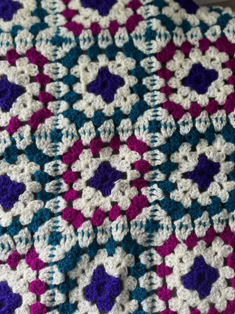 Hand Made Knitted Blanket in Blue, White, Green and Mauve Oh So Crafty