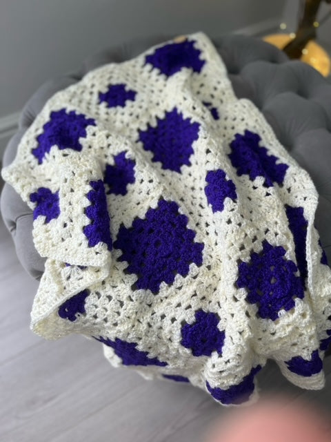 Hand Made Knitted Blanket in Blue and White Oh So Crafty
