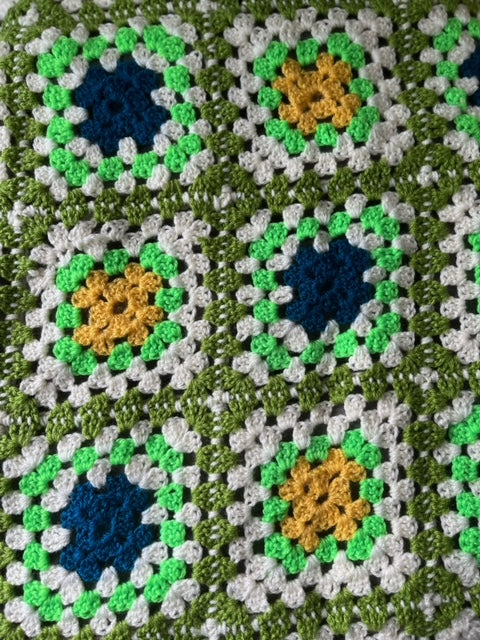 Hand Made Knitted Blanket in Greens, White, Blue and Yellow Oh So Crafty