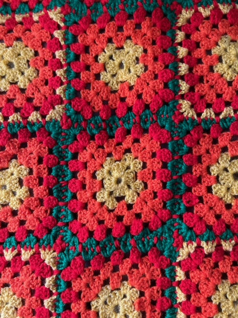 Hand Made Knitted Blanket in Orange, Yellow, Red and Green Oh So Crafty