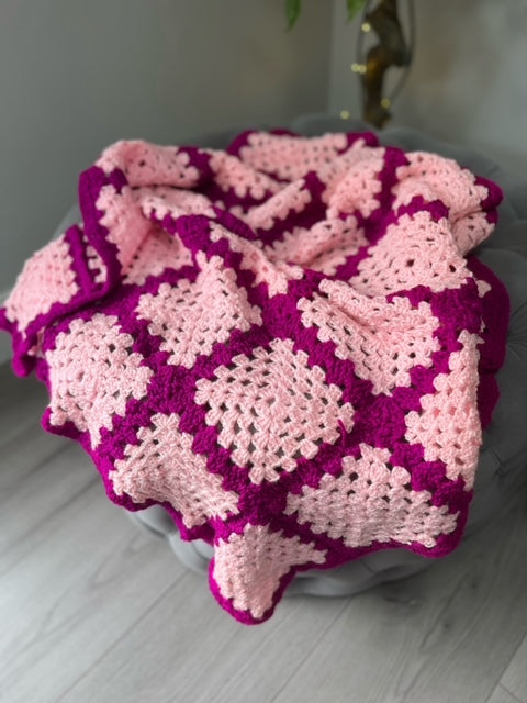 Hand Made Knitted Blanket in Pink and Mauve Oh So Crafty