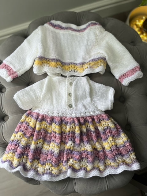 Hand Made Knitted Dress with Cardigan 0-6 months Oh So Crafty