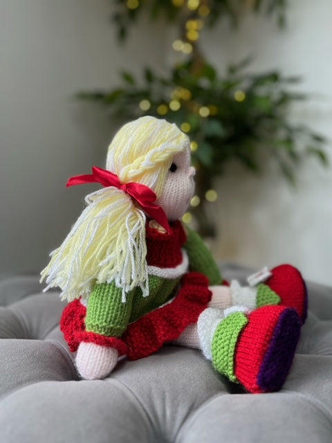 Hand Made Knitted Girl Doll with Blonde Hair in a Christmas Dress Oh So Crafty