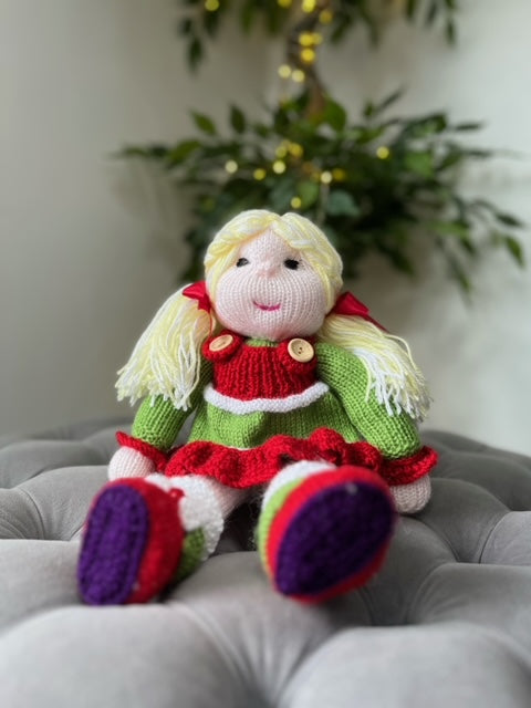 Hand Made Knitted Girl Doll with Blonde Hair in a Christmas Dress Oh So Crafty