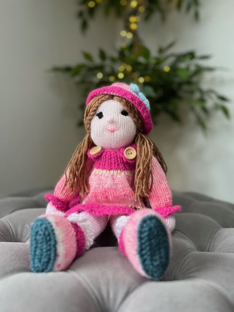 Hand Made Knitted Girl Doll with Brown Hair and Removable Hat Oh So Crafty