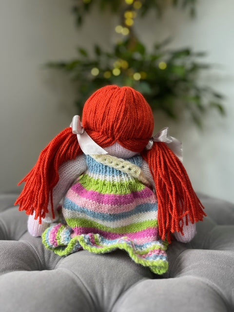 Hand Made Knitted Girl Doll with Ginger Hair and Handbag Oh So Crafty