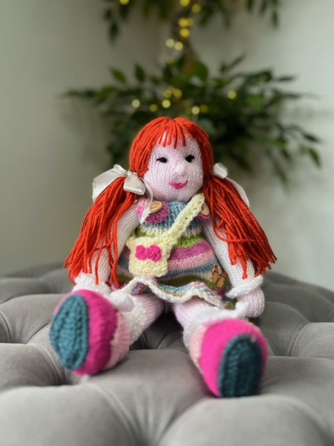 Hand Made Knitted Girl Doll with Ginger Hair and Handbag Oh So Crafty