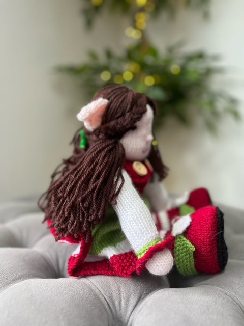 Hand Made Knitted Girl Elf Doll with Brown Hair Oh So Crafty