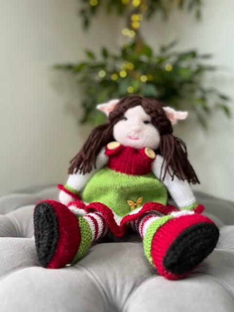 Hand Made Knitted Girl Elf Doll with Brown Hair Oh So Crafty