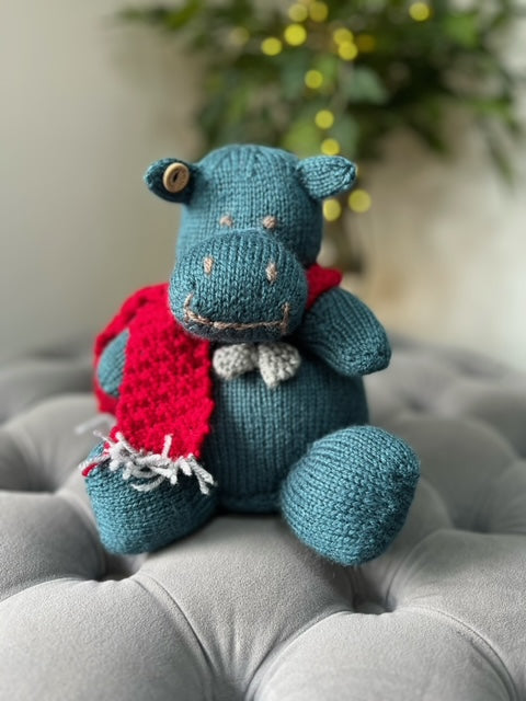 Hand Made Knitted Hippo with Red Scarf and Bow Tie Oh So Crafty