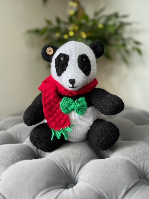 Hand Made Knitted Panda with Scarf and Bow Tie Oh So Crafty